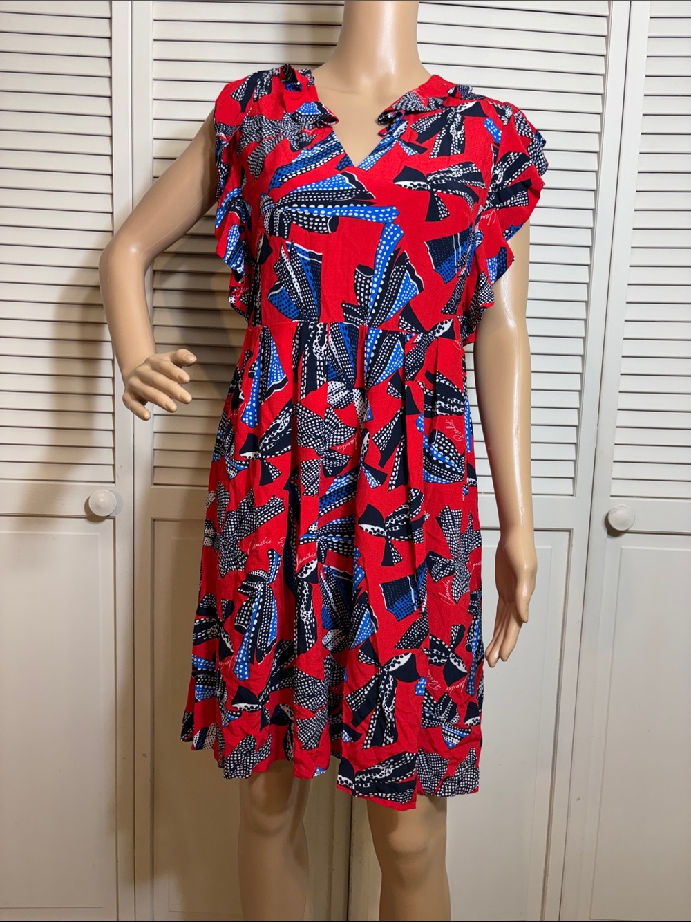 Claudie Pierlot Dress with Blue Bow Print Ruffled Red Dress Size 4